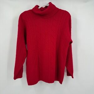 Womens Old Money Cable Knit Turtleneck Sweater Size M Red Lambswool Angora Soft